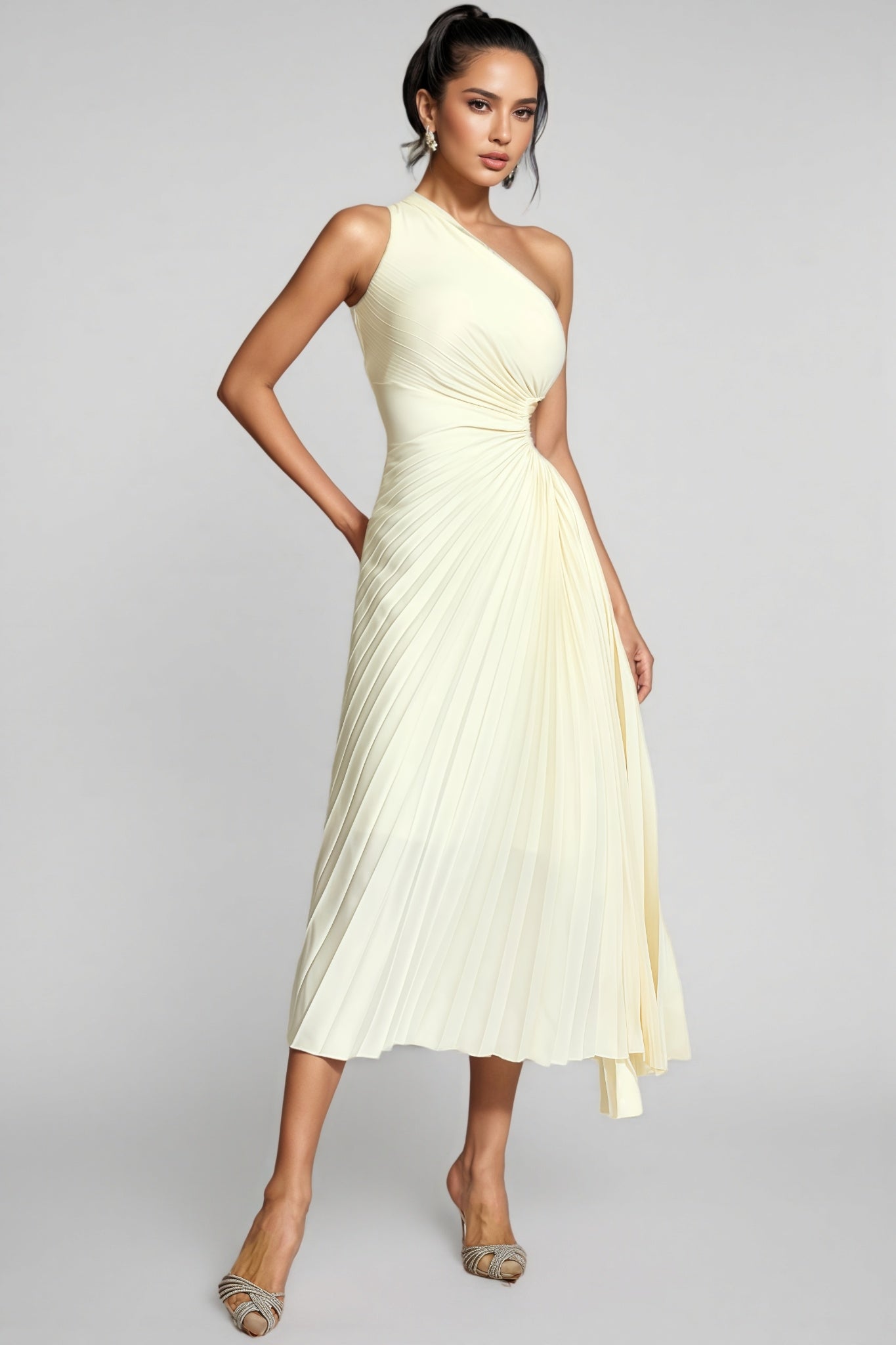 Symons Beige One Shoulder Pleated Maxi Dress