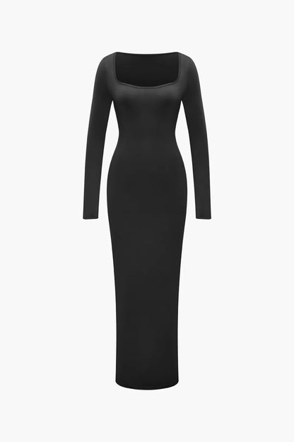 Presley Black Square Neck Long Sleeve Maxi Bodycon Dress