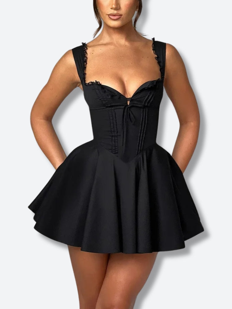 Lace Trim Lace-Up Bustier Basque Waist Pleated Mini Dress