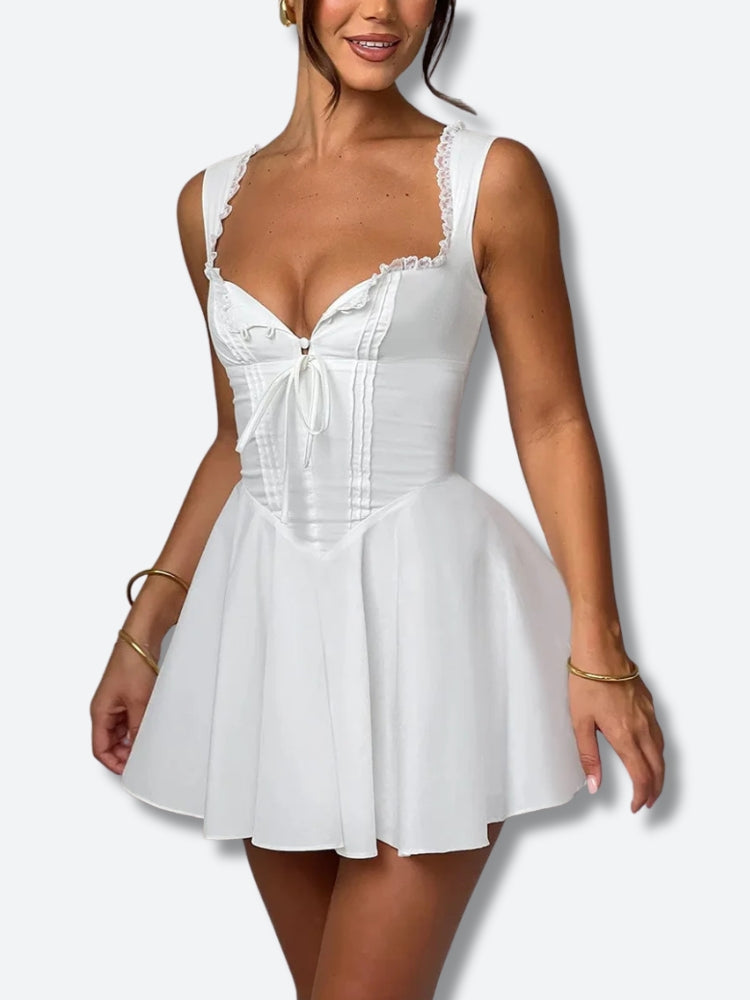 Lace Trim Lace-Up Bustier Basque Waist Pleated Mini Dress