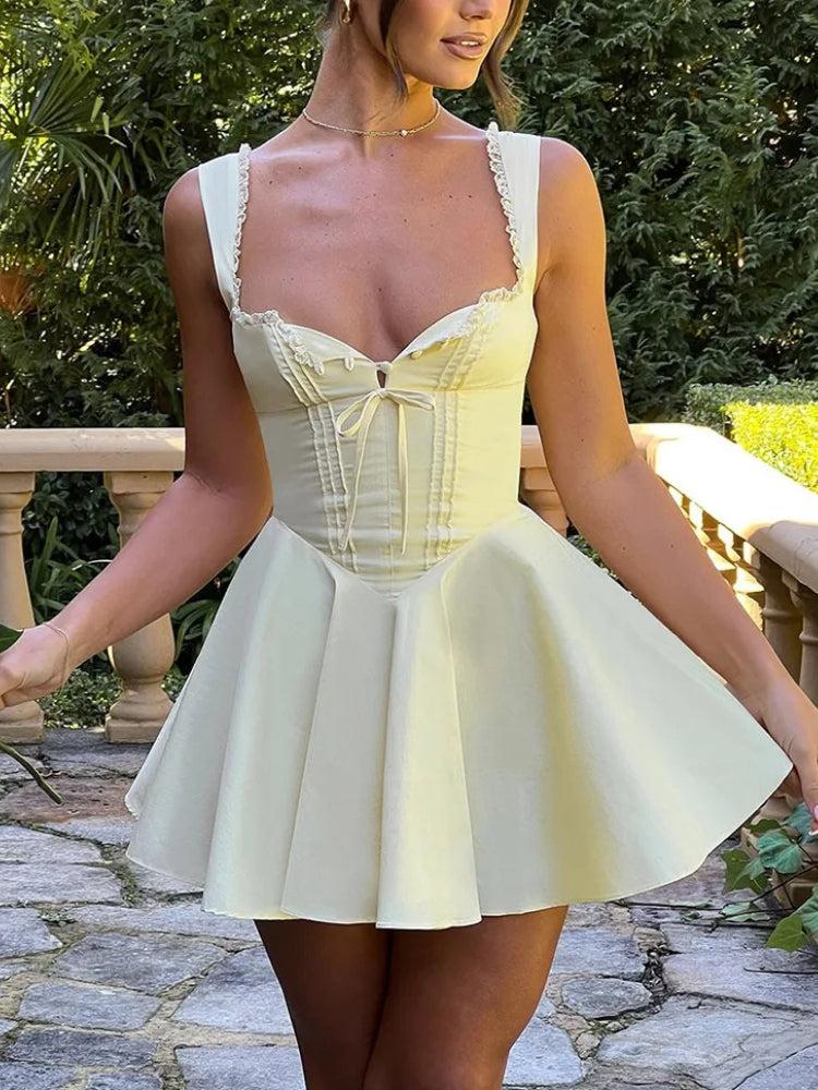 Lace Trim Lace-Up Bustier Basque Waist Pleated Mini Dress