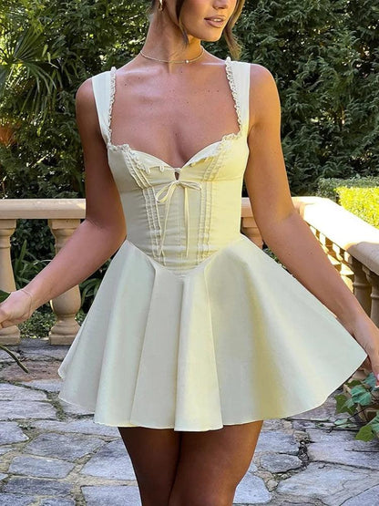 Lace Trim Lace-Up Bustier Basque Waist Pleated Mini Dress