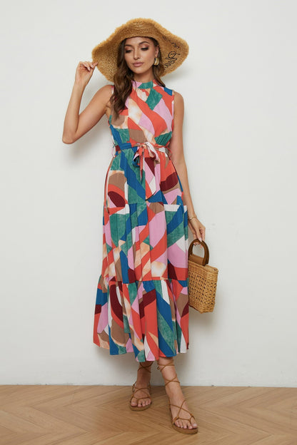 Printed Crew Collar Lace Up Midi Dress