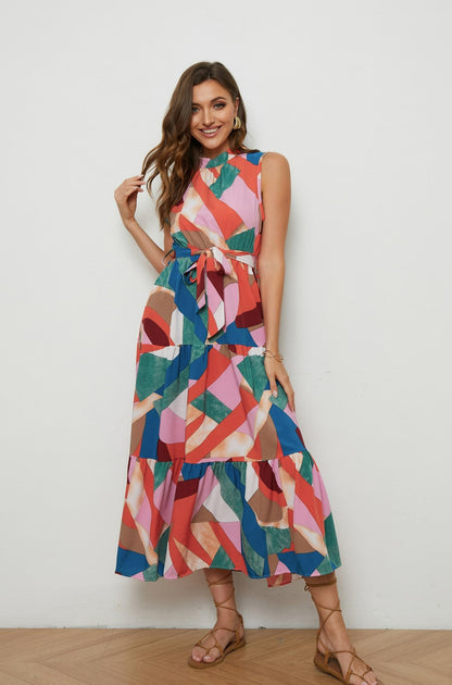 Printed Crew Collar Lace Up Midi Dress