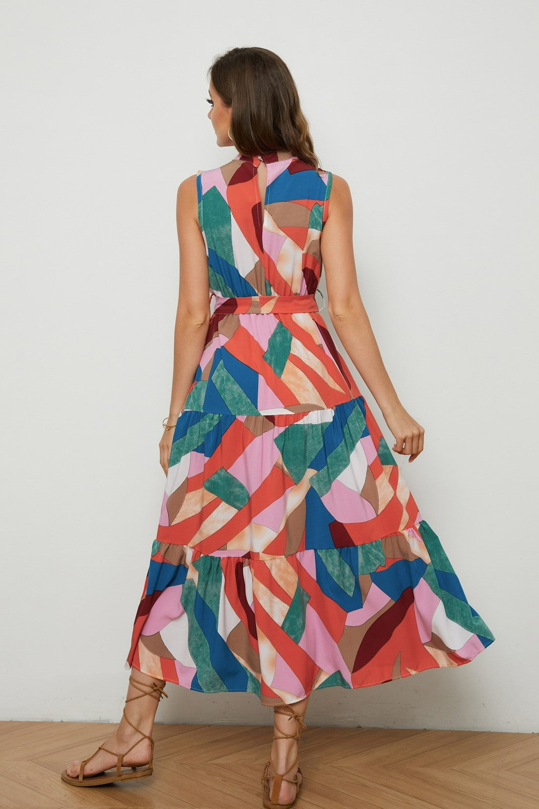 Printed Crew Collar Lace Up Midi Dress