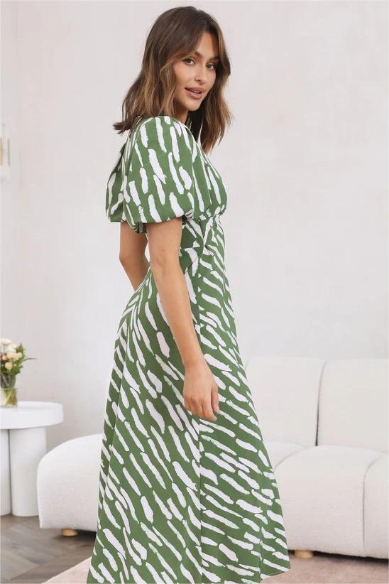 Print Puff Sleeve V-Neck Cut-Out Slit Midi Dress