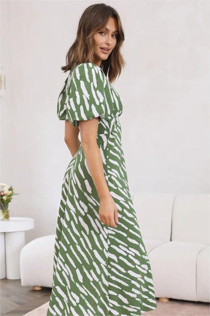 Print Puff Sleeve V-Neck Cut-Out Slit Midi Dress