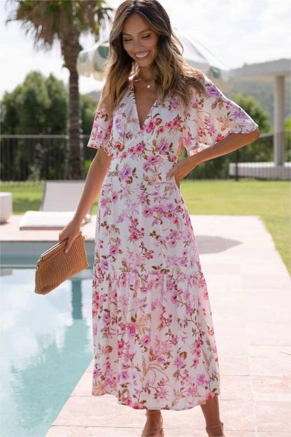 Floral V-Neck Mid Sleeve Midi Dress