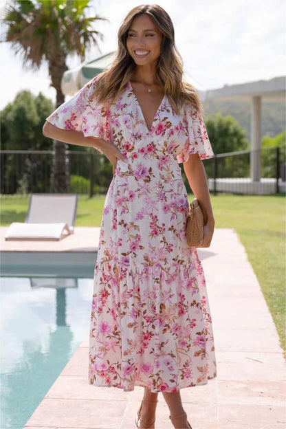 Floral V-Neck Mid Sleeve Midi Dress