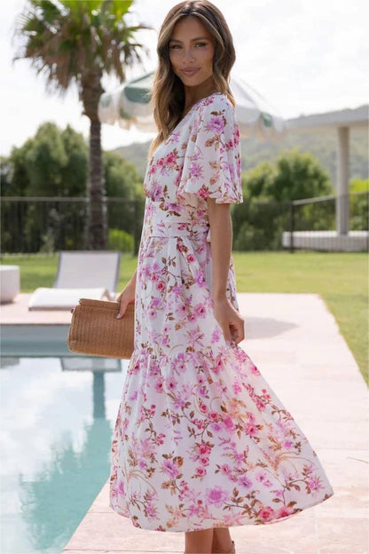 Floral V-Neck Mid Sleeve Midi Dress