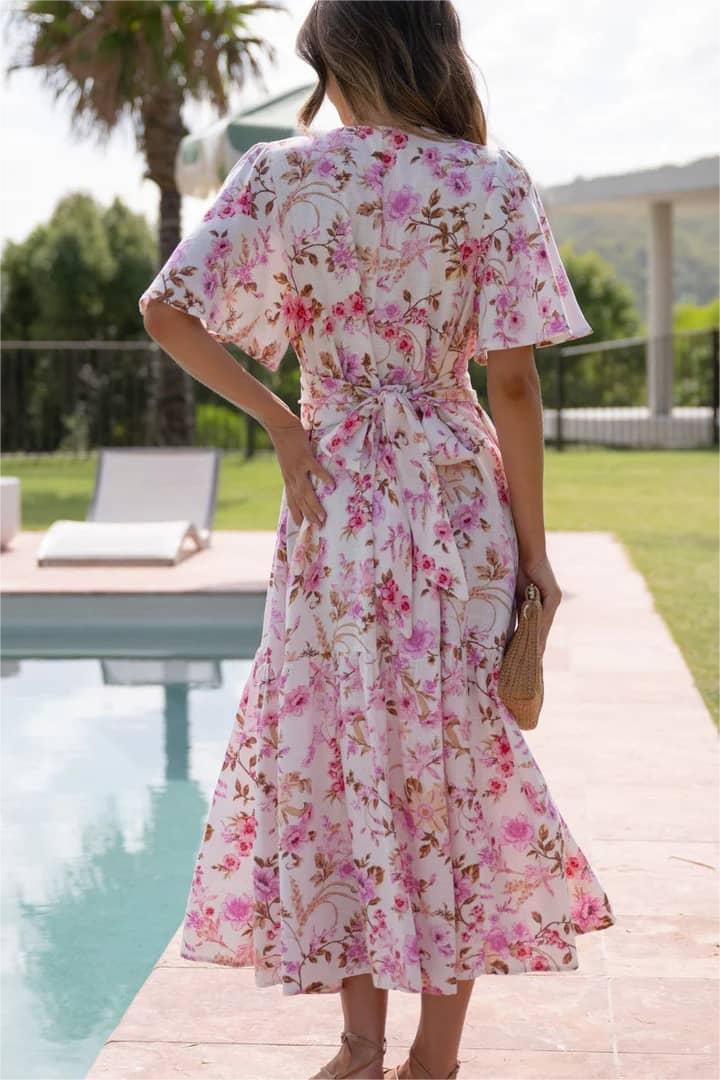 Floral V-Neck Mid Sleeve Midi Dress
