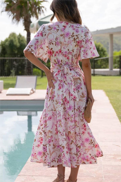Floral V-Neck Mid Sleeve Midi Dress