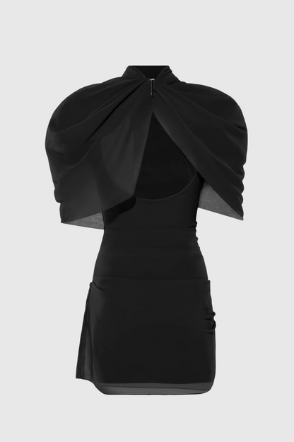 Priscilla Draped Mesh Mini Dress - Black
