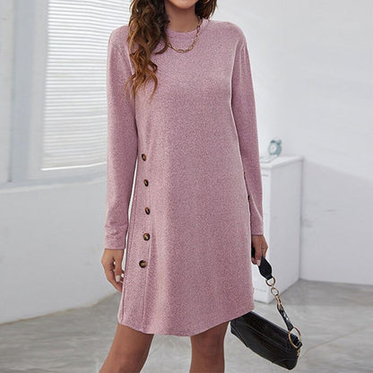 Knit Crew Neck Side Button Detail Shift Mini Dress