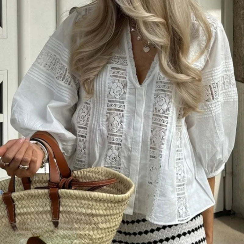 Puff Sleeve V-Neck Floral Embroidery Cotton Boho Blouse