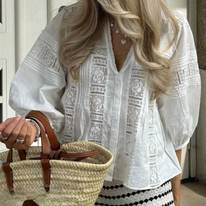 Puff Sleeve V-Neck Floral Embroidery Cotton Boho Blouse