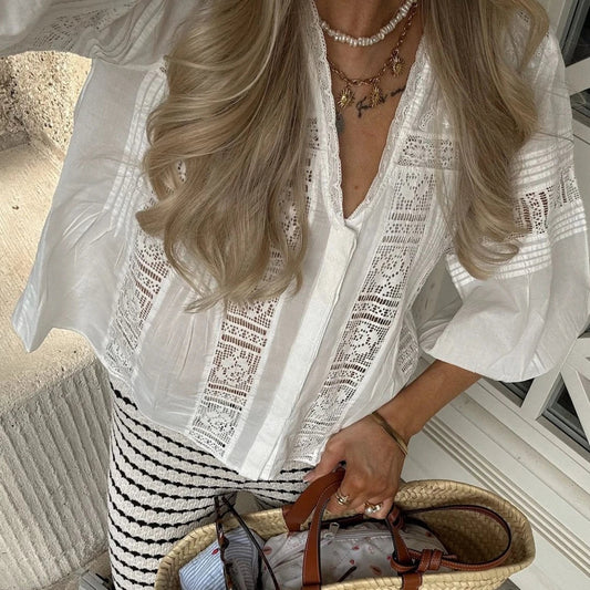Puff Sleeve V-Neck Floral Embroidery Cotton Boho Blouse
