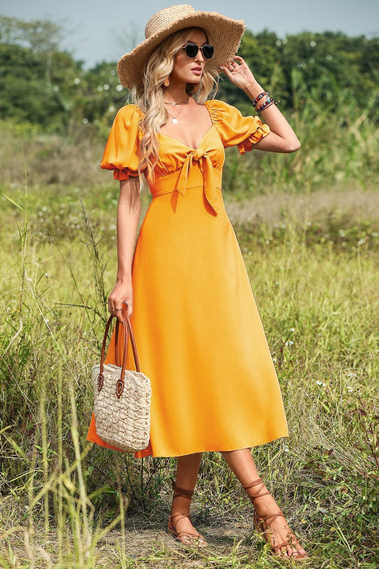 Puff Sleeve Bow Knot Midi Dress Yellow