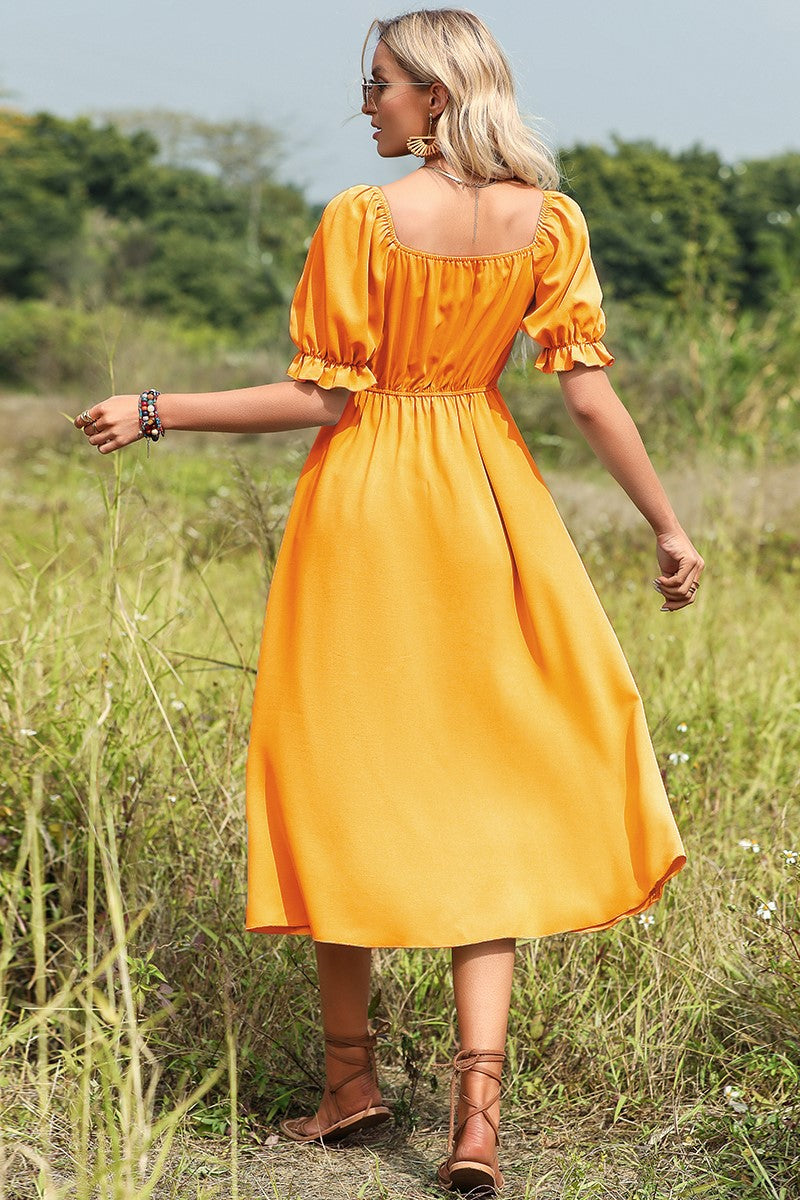 Puff Sleeve Bow Knot Midi Dress Yellow