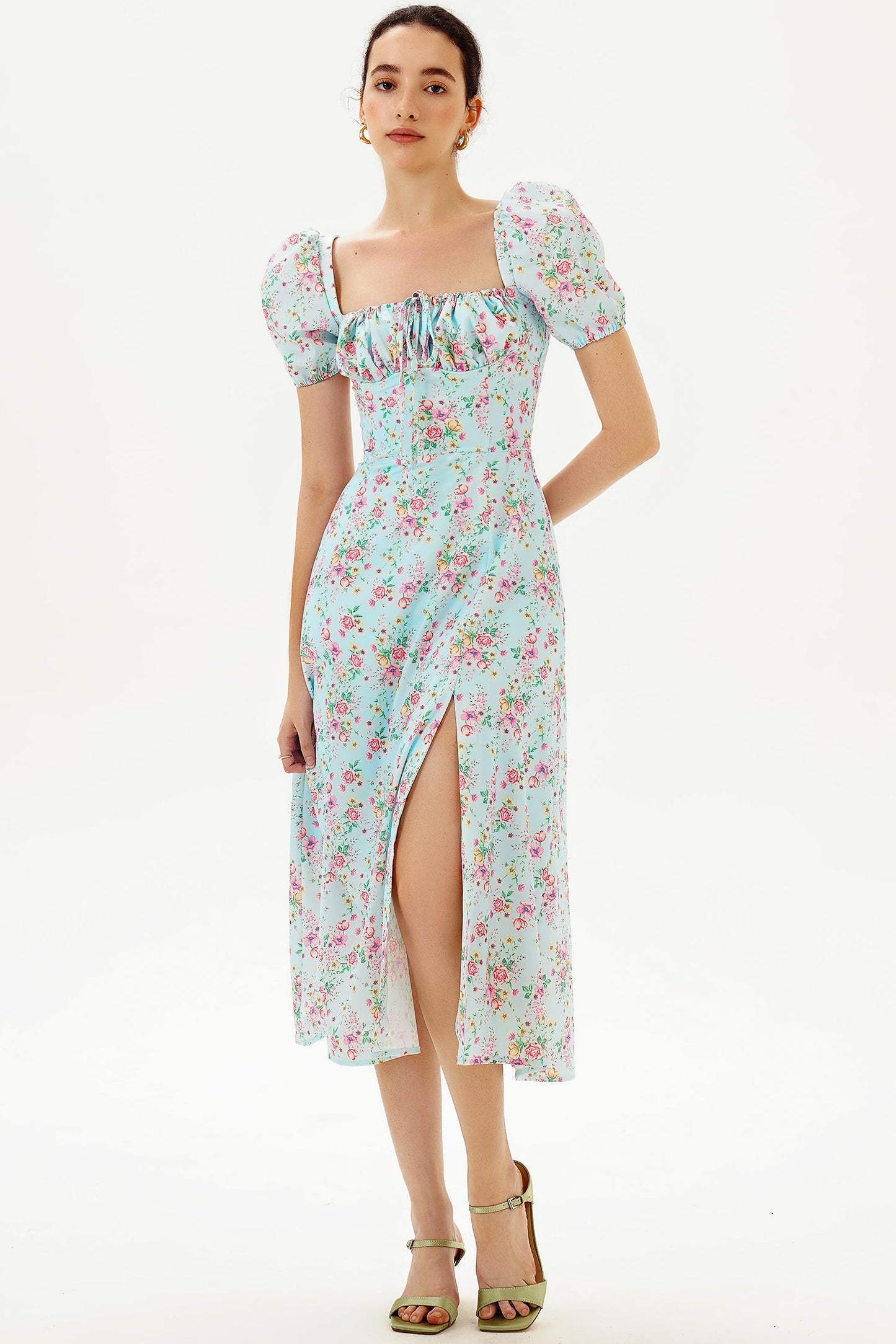 Floral Puff Sleeve Square Neck Slit Midi Dress