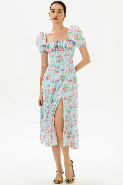 Floral Puff Sleeve Square Neck Slit Midi Dress
