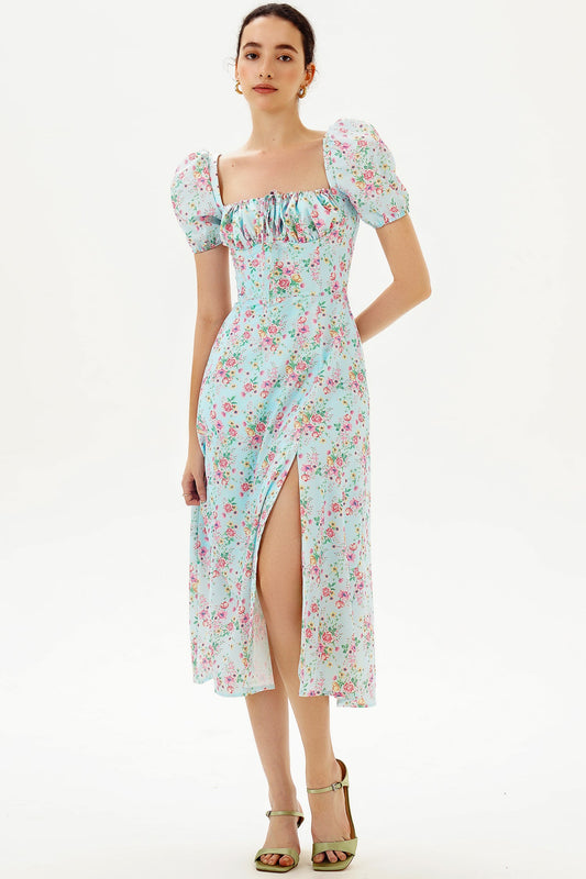 Floral Puff Sleeve Square Neck Slit Midi Dress