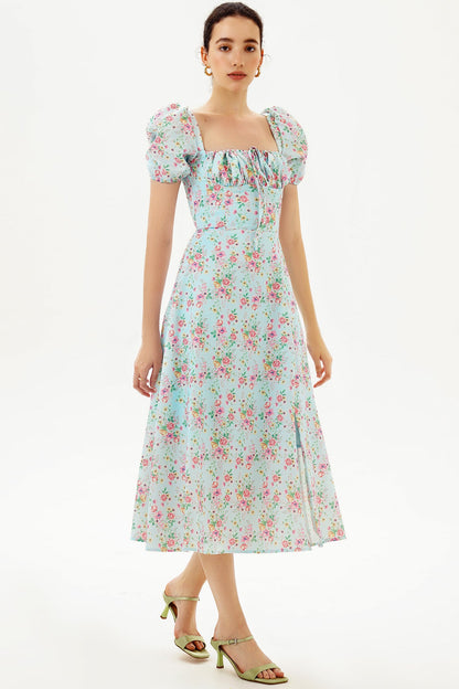Floral Puff Sleeve Square Neck Slit Midi Dress