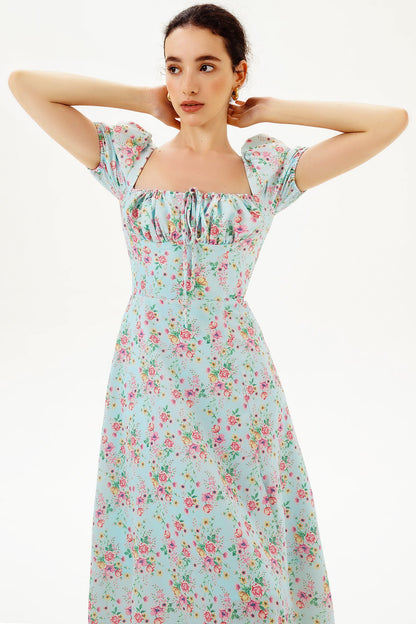 Floral Puff Sleeve Square Neck Slit Midi Dress