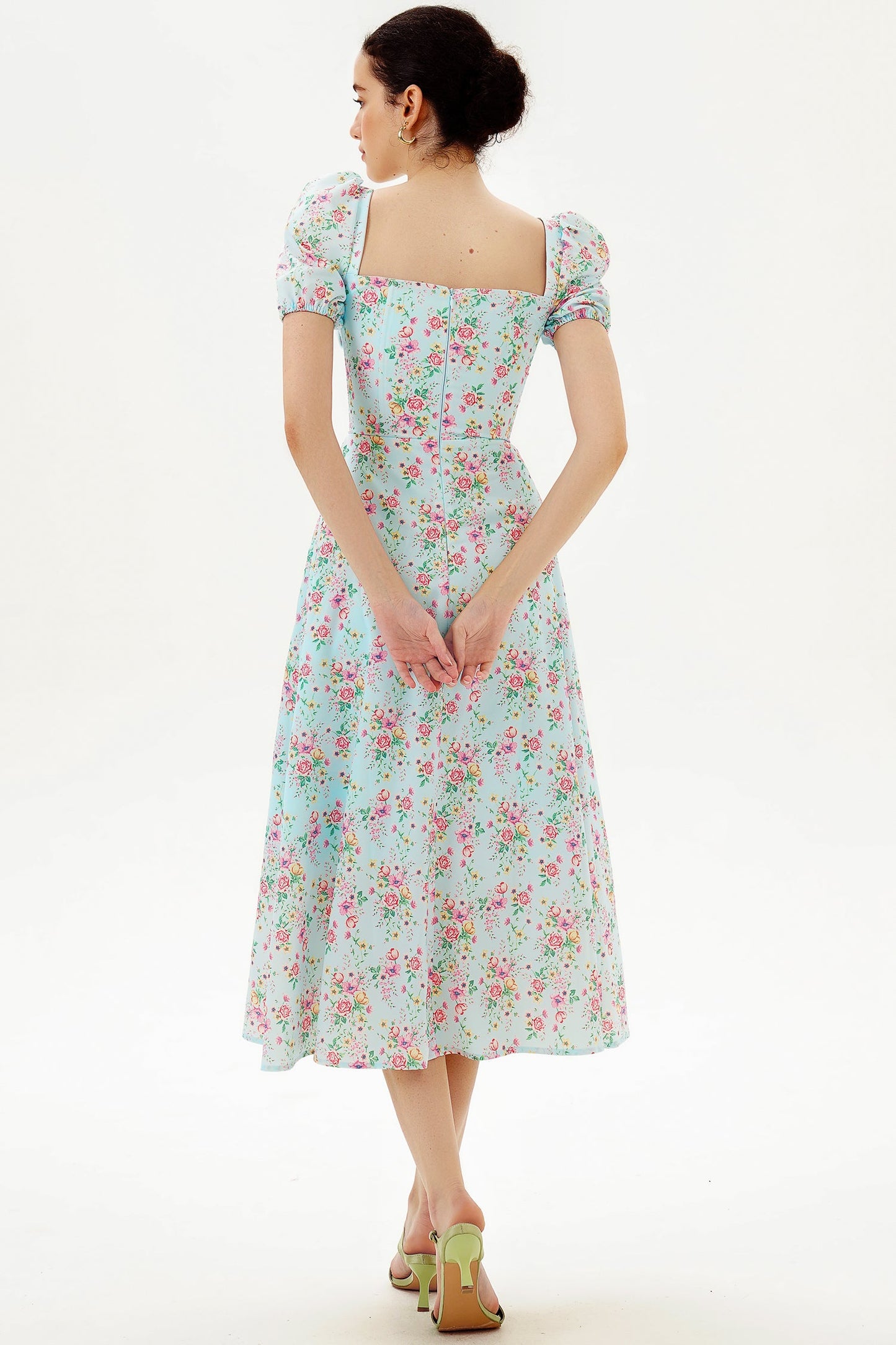 Floral Puff Sleeve Square Neck Slit Midi Dress