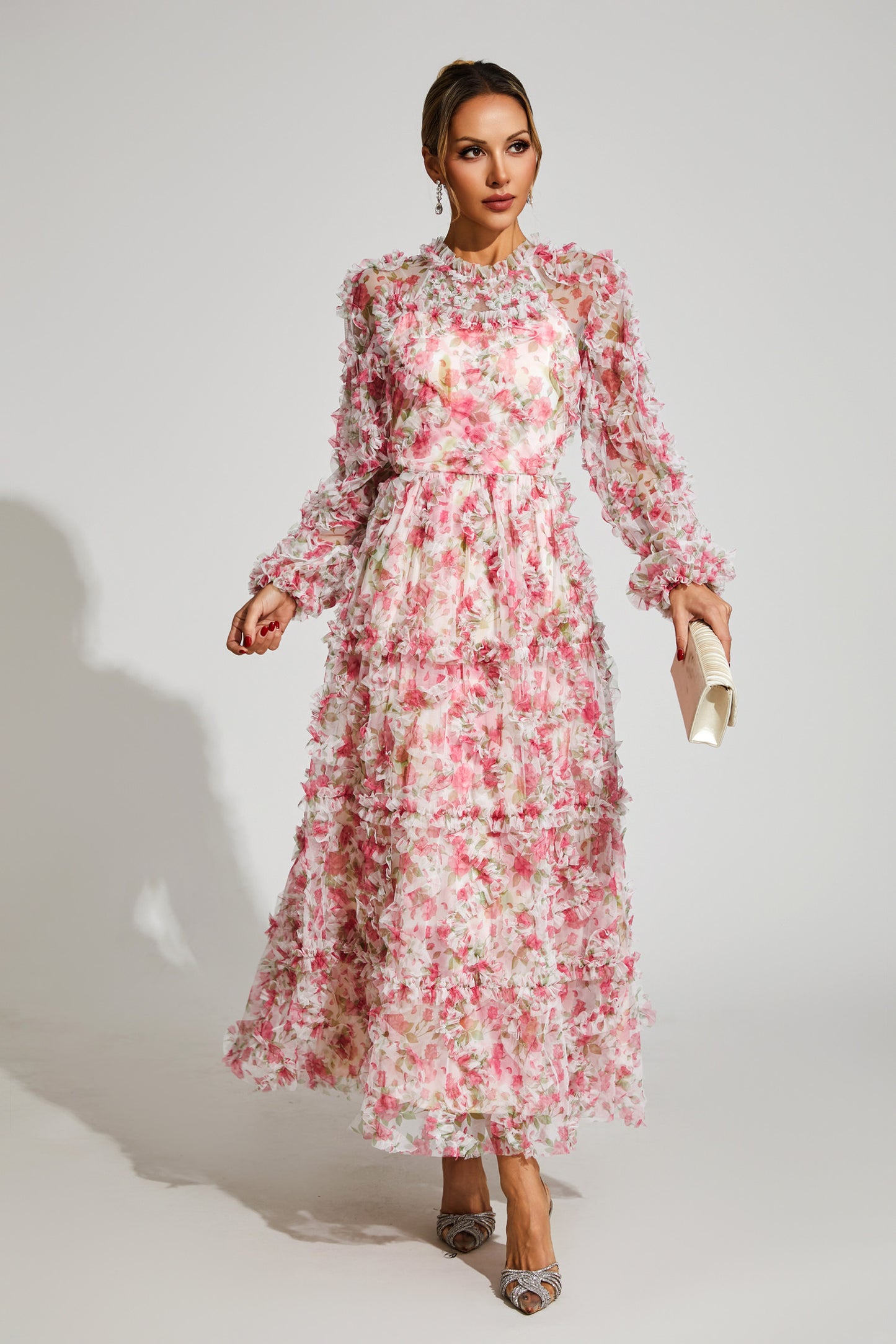 Pullan Pink Floral Mesh Maxi Dress
