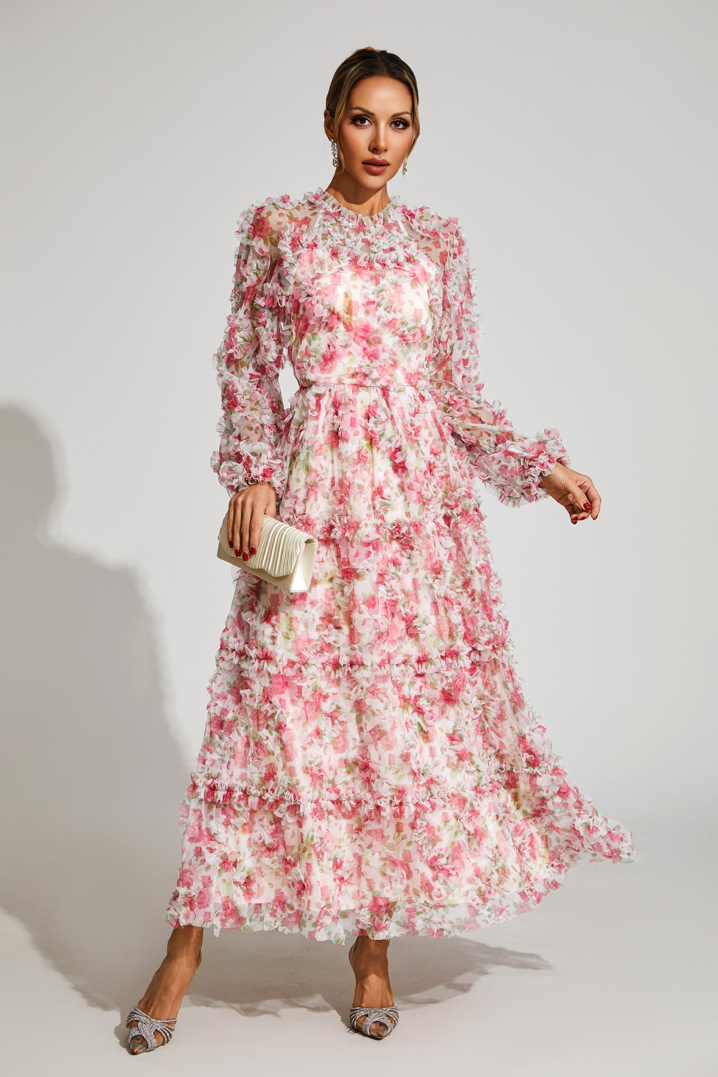 Pullan Pink Floral Mesh Maxi Dress