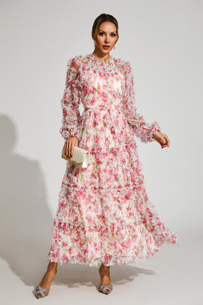 Pullan Pink Floral Mesh Maxi Dress