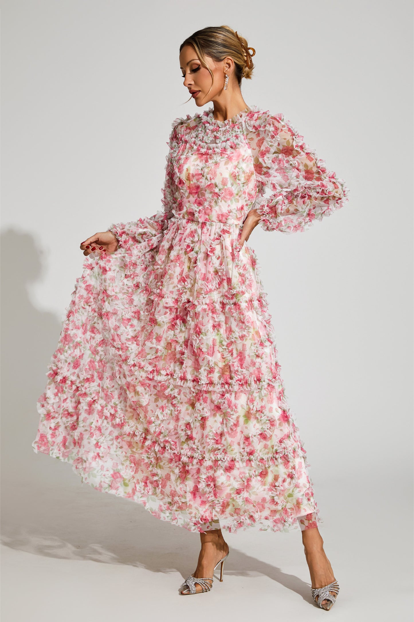 Pullan Pink Floral Mesh Maxi Dress
