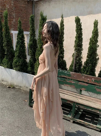 Halter Ruched Star Brooch Tiered Ruffle Chiffon Maxi Dress