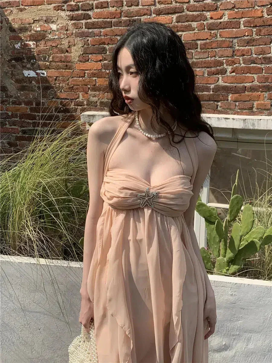 Halter Ruched Star Brooch Tiered Ruffle Chiffon Maxi Dress