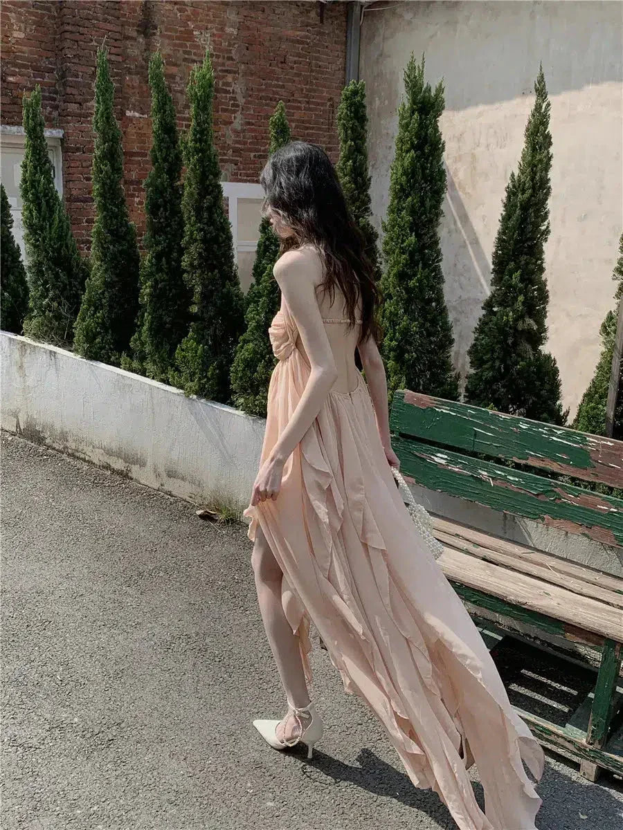 Halter Ruched Star Brooch Tiered Ruffle Chiffon Maxi Dress