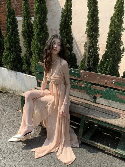 Halter Ruched Star Brooch Tiered Ruffle Chiffon Maxi Dress