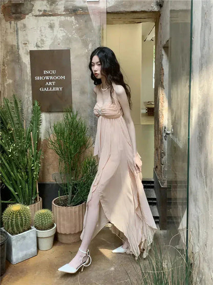 Halter Ruched Star Brooch Tiered Ruffle Chiffon Maxi Dress