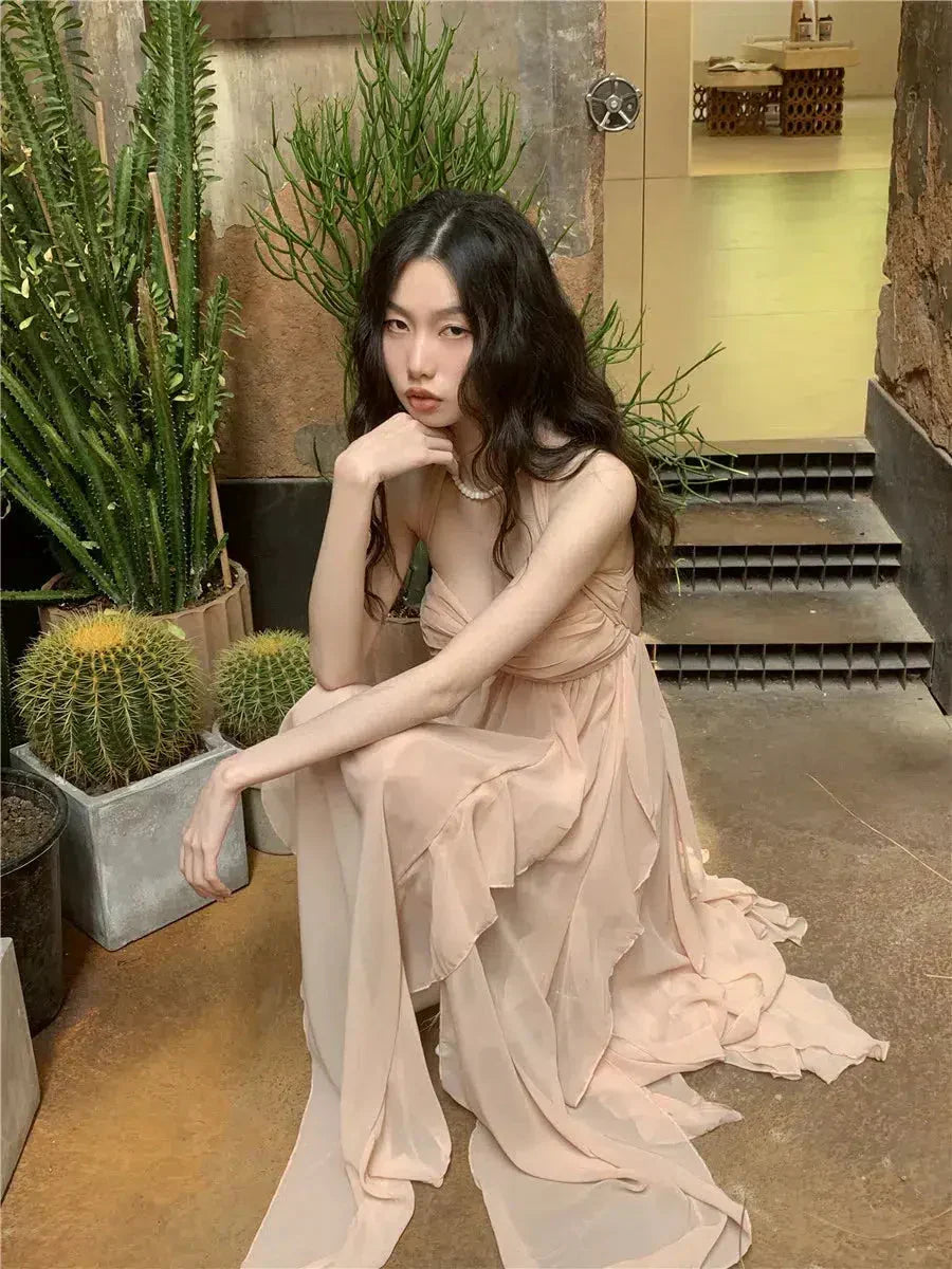 Halter Ruched Star Brooch Tiered Ruffle Chiffon Maxi Dress