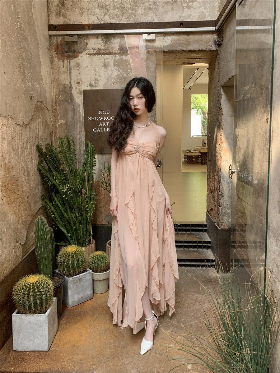 Halter Ruched Star Brooch Tiered Ruffle Chiffon Maxi Dress