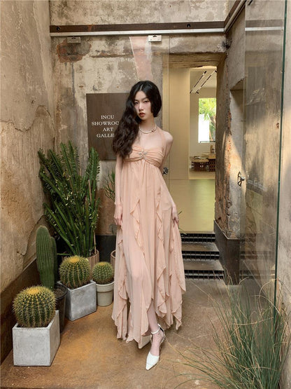 Halter Ruched Star Brooch Tiered Ruffle Chiffon Maxi Dress