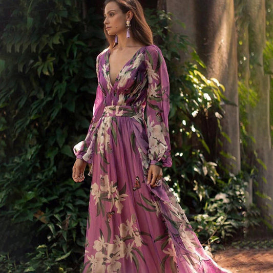 Floral Butterfly Print Deep V-Neck Bishop Sleeve Belted Maxi Dress