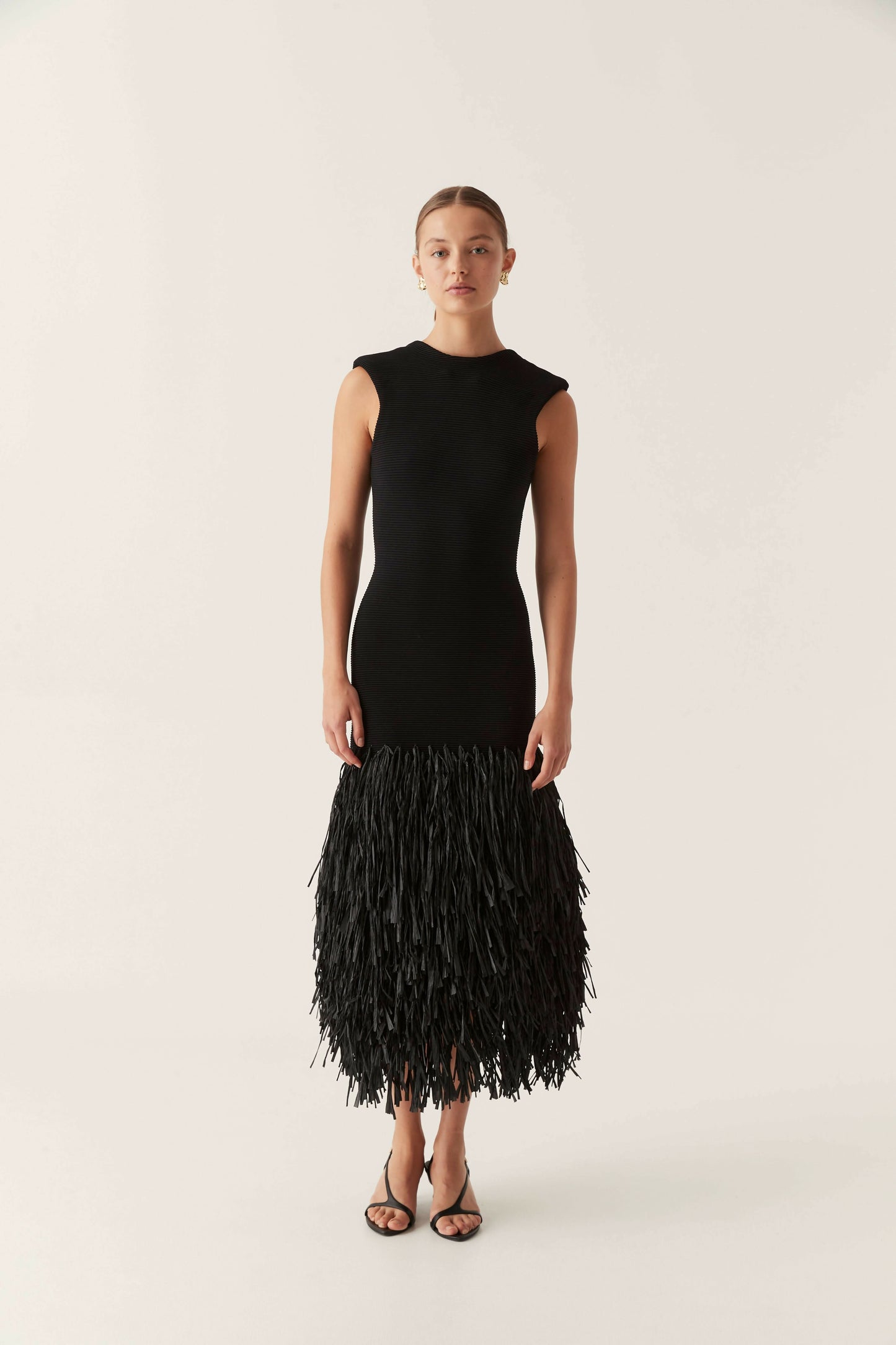 Crew Neck Sleeveless Fringe Tier Hem Rib Knit Midi Dress