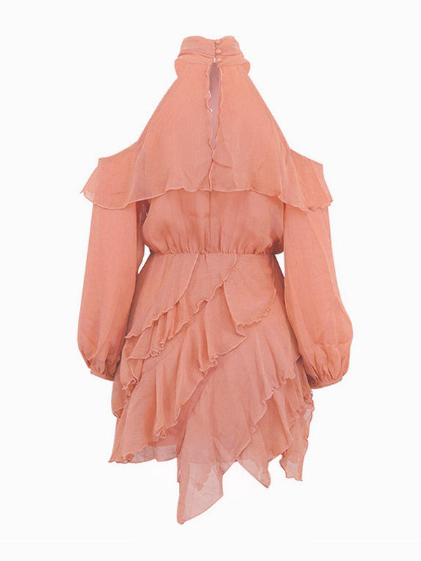 High Neck Cold Shoulder Ruffle Layered Lantern Sleeve Mini Dress For Women 2026
