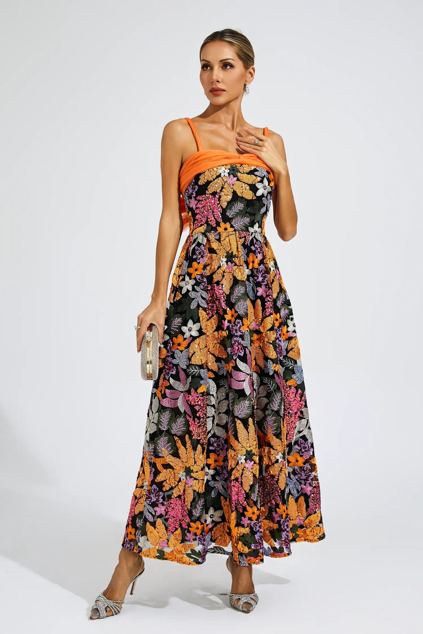 Quentin Floral Sequins Slip Maxi Dress