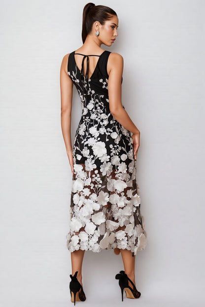Ziska V Neck Flower Embroidered Midi Dress