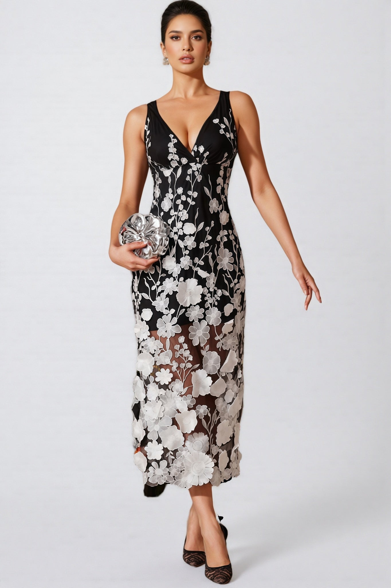 Ziska V Neck Flower Embroidered Midi Dress
