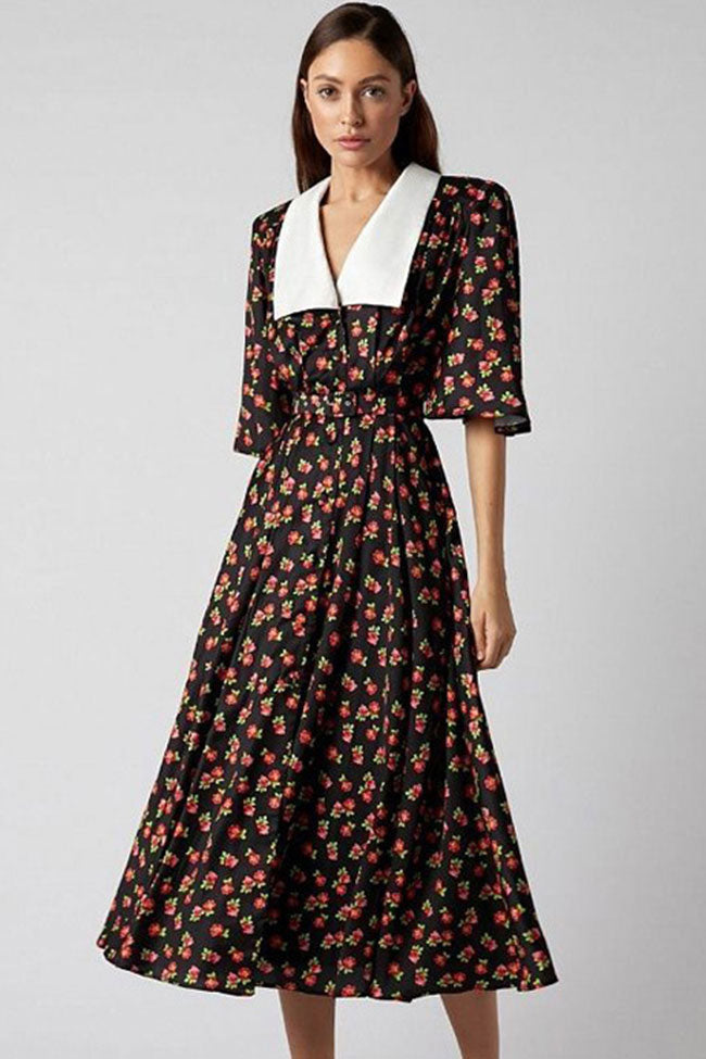 Contrast Collar Deep V-Neck Short Sleeve Belted Pleated Floral Midi Dress