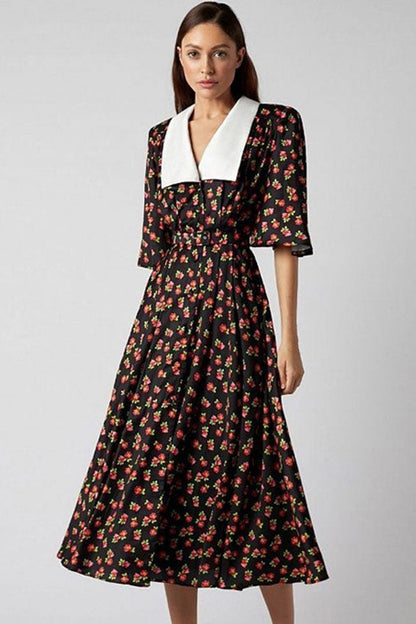 Contrast Collar Deep V-Neck Short Sleeve Belted Pleated Floral Midi Dress