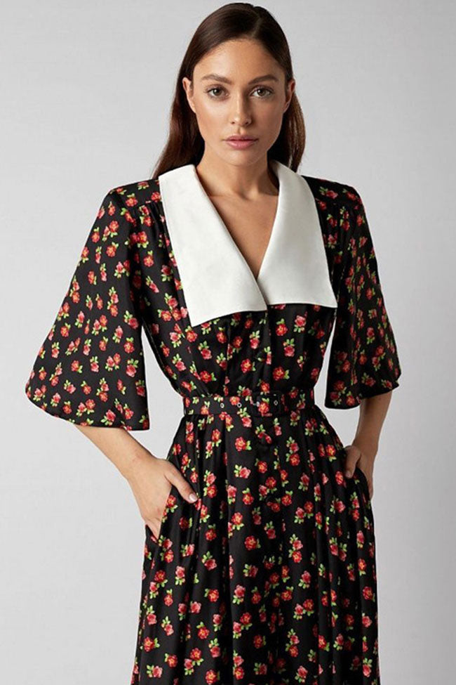 Contrast Collar Deep V-Neck Short Sleeve Belted Pleated Floral Midi Dress